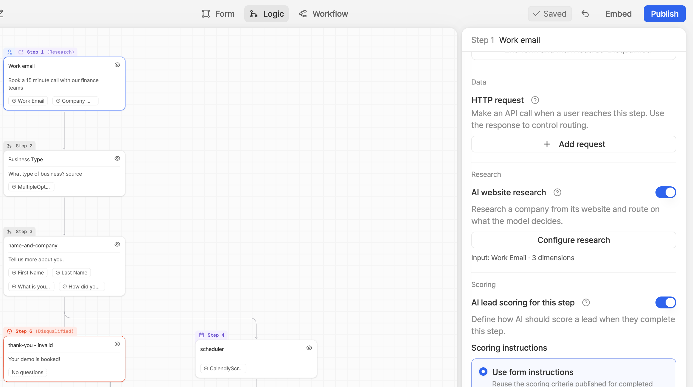 The Logic tab with AI website research switched on in the step panel