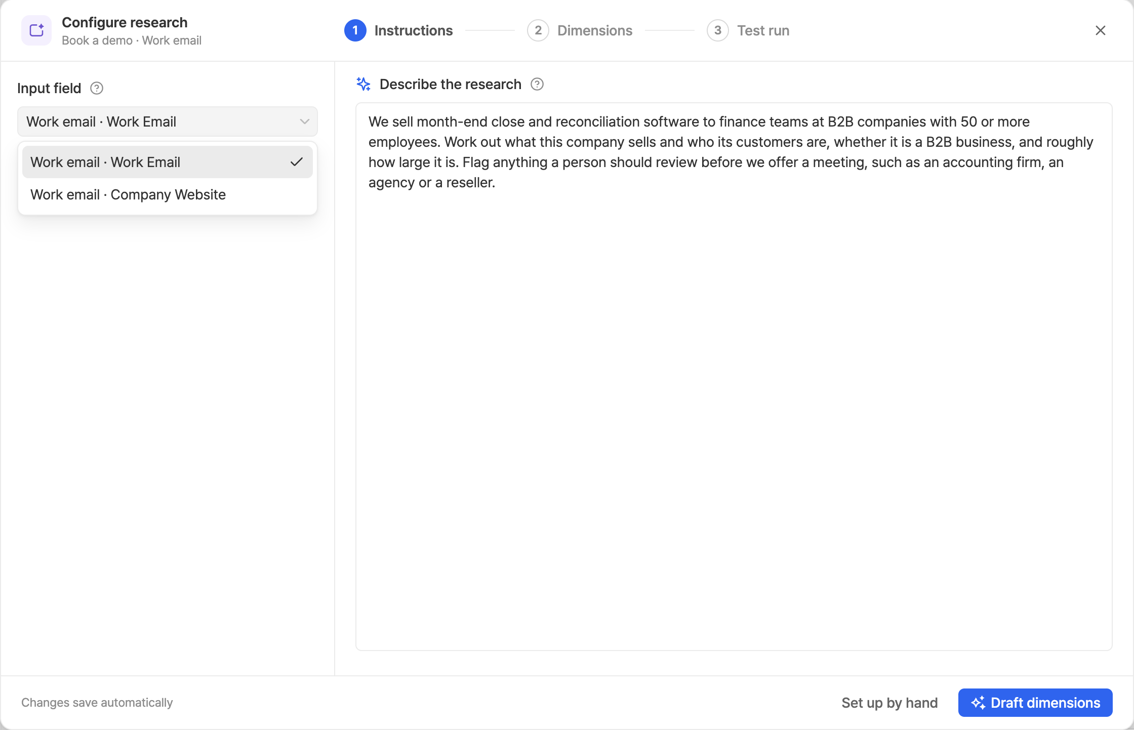 The Instructions step: the input field picker and the research description