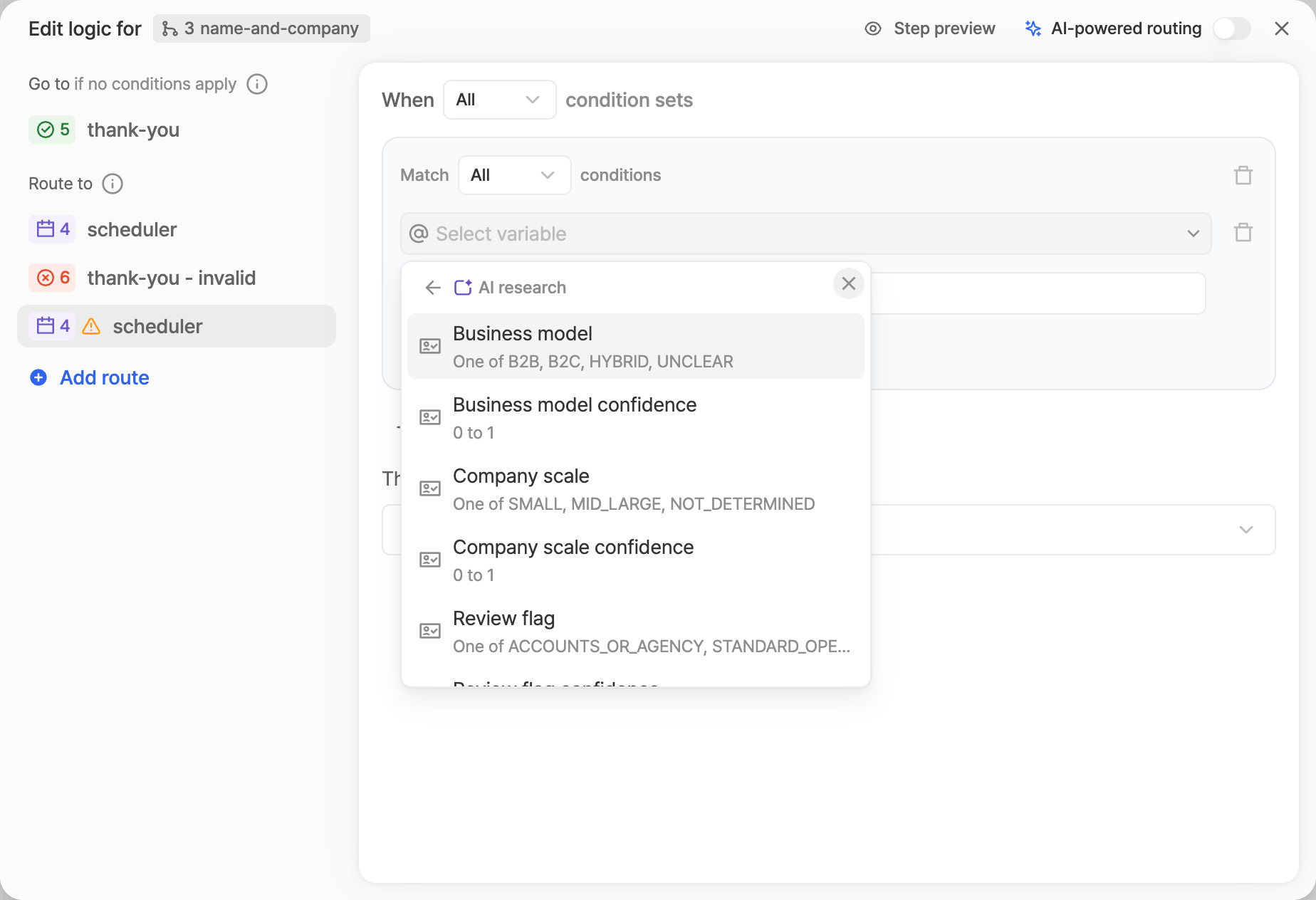 The condition source picker listing each dimension and its confidence under AI research