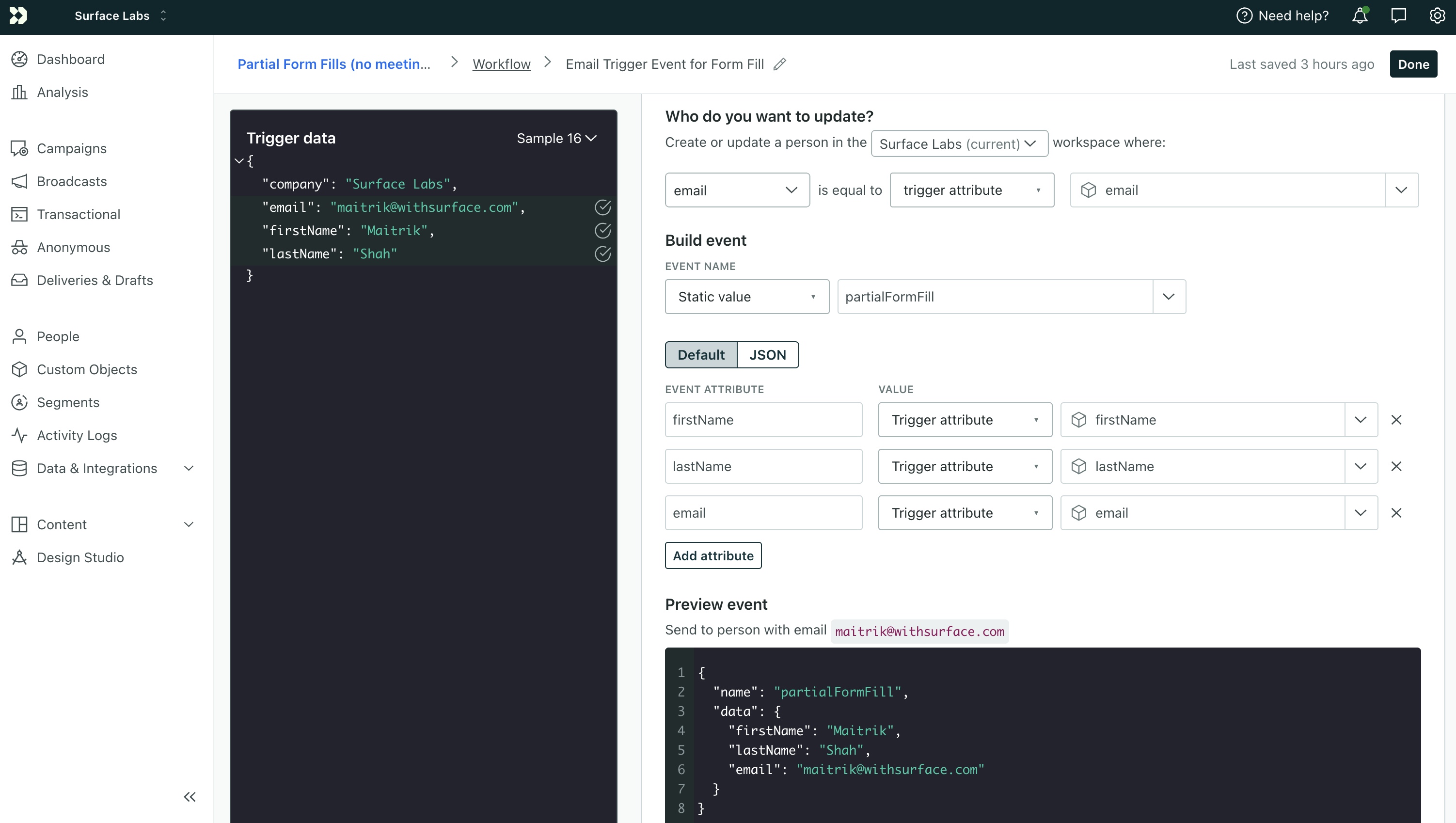 Send Event configuration