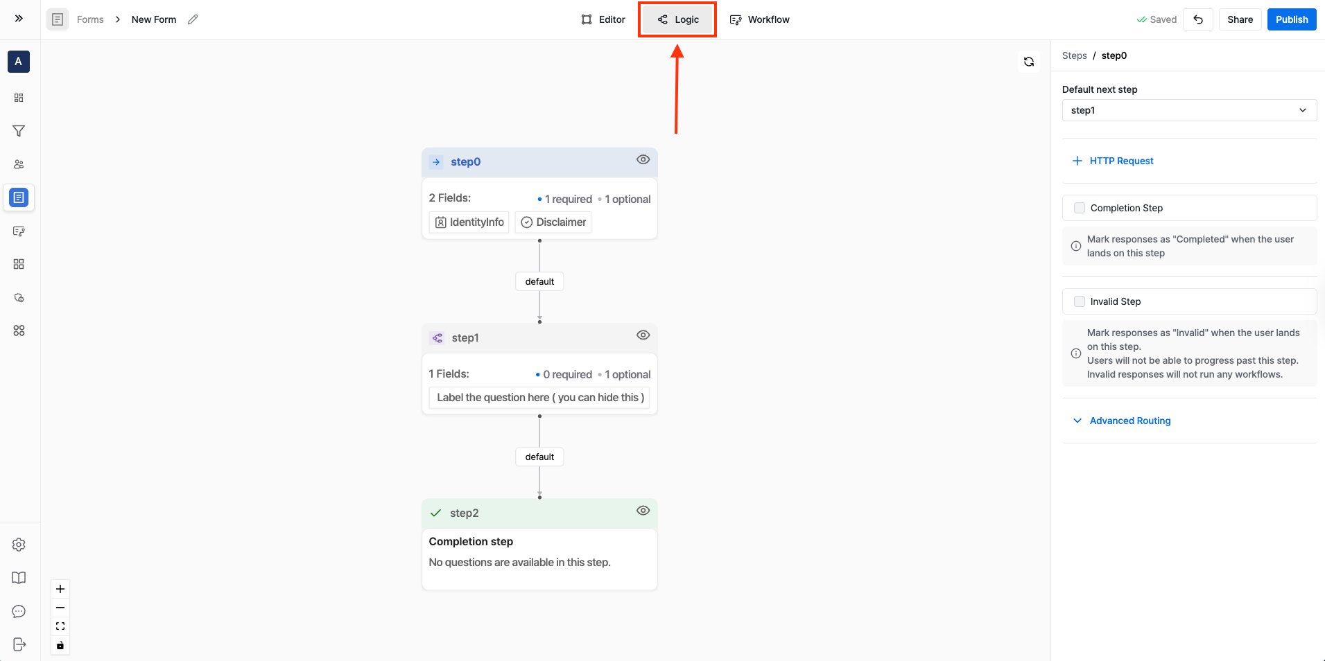 Logic tab in the Surface form builder