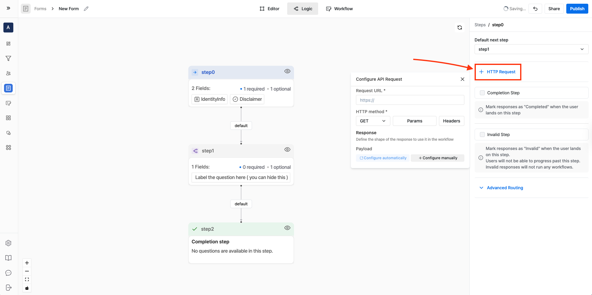 Add HTTP Request in the Logic tab