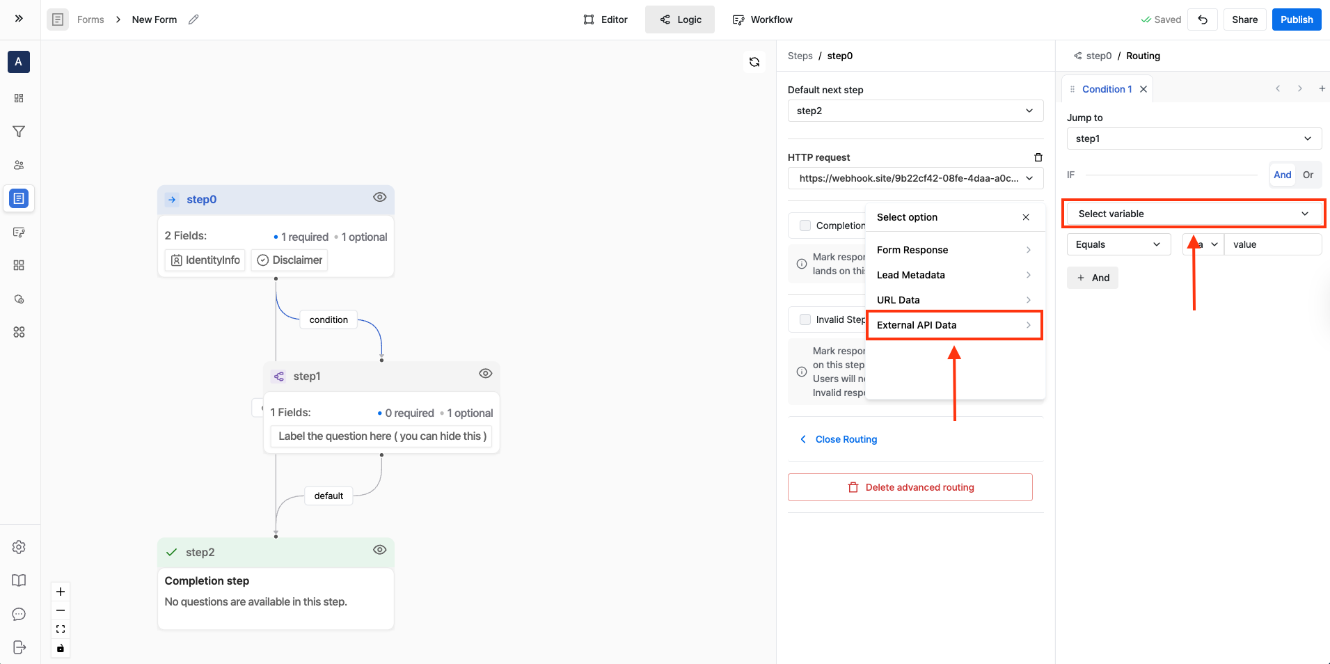 Routing rule checking External API Data equals true