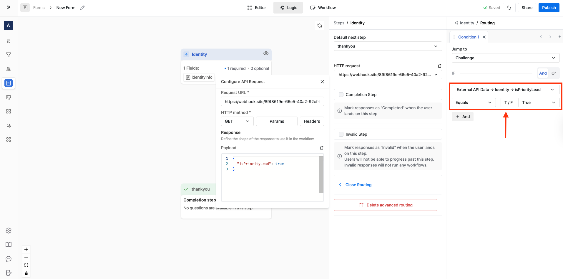 Testing External API Data based routing in a published form