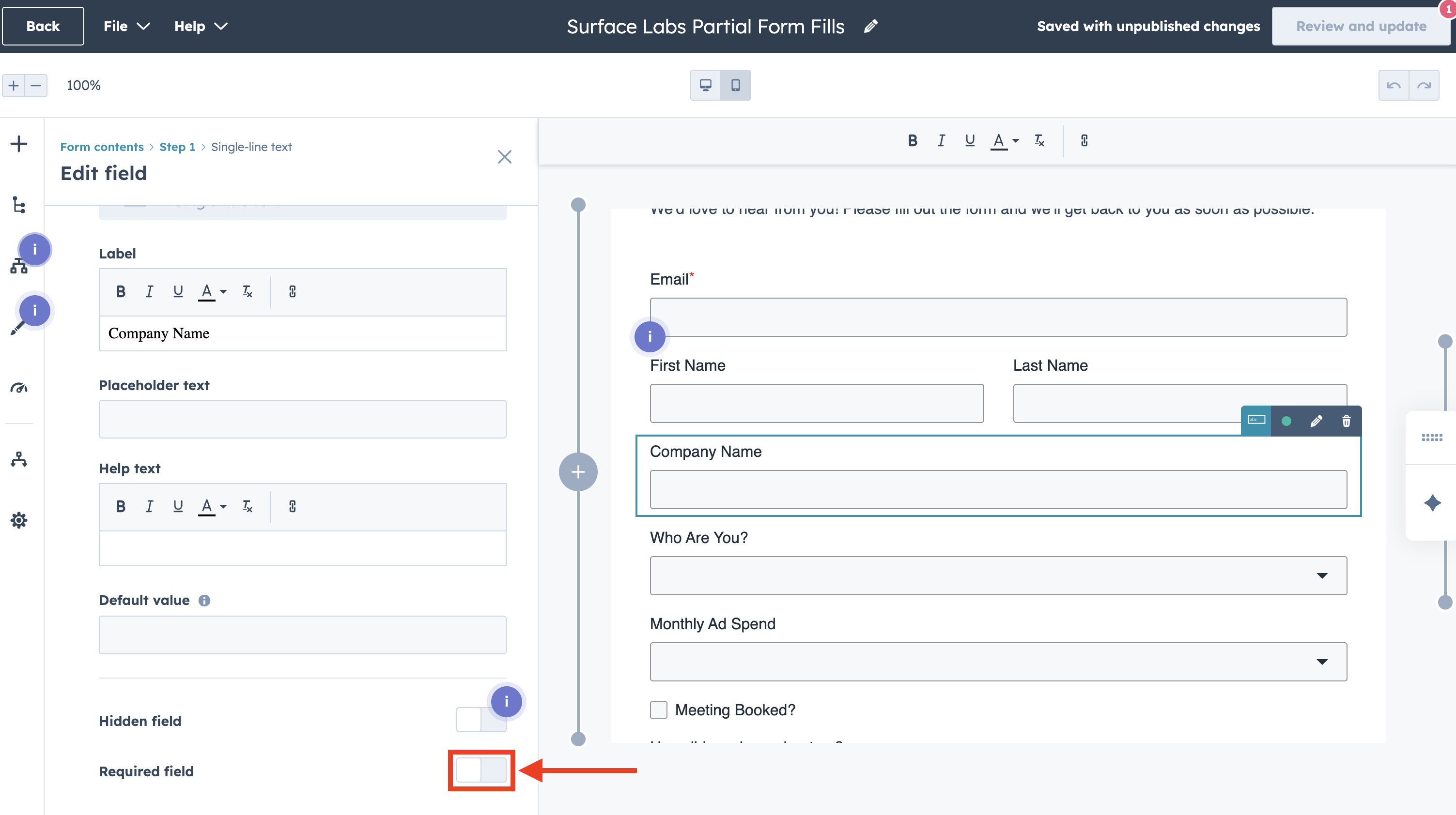 HubSpot form field settings - required vs optional