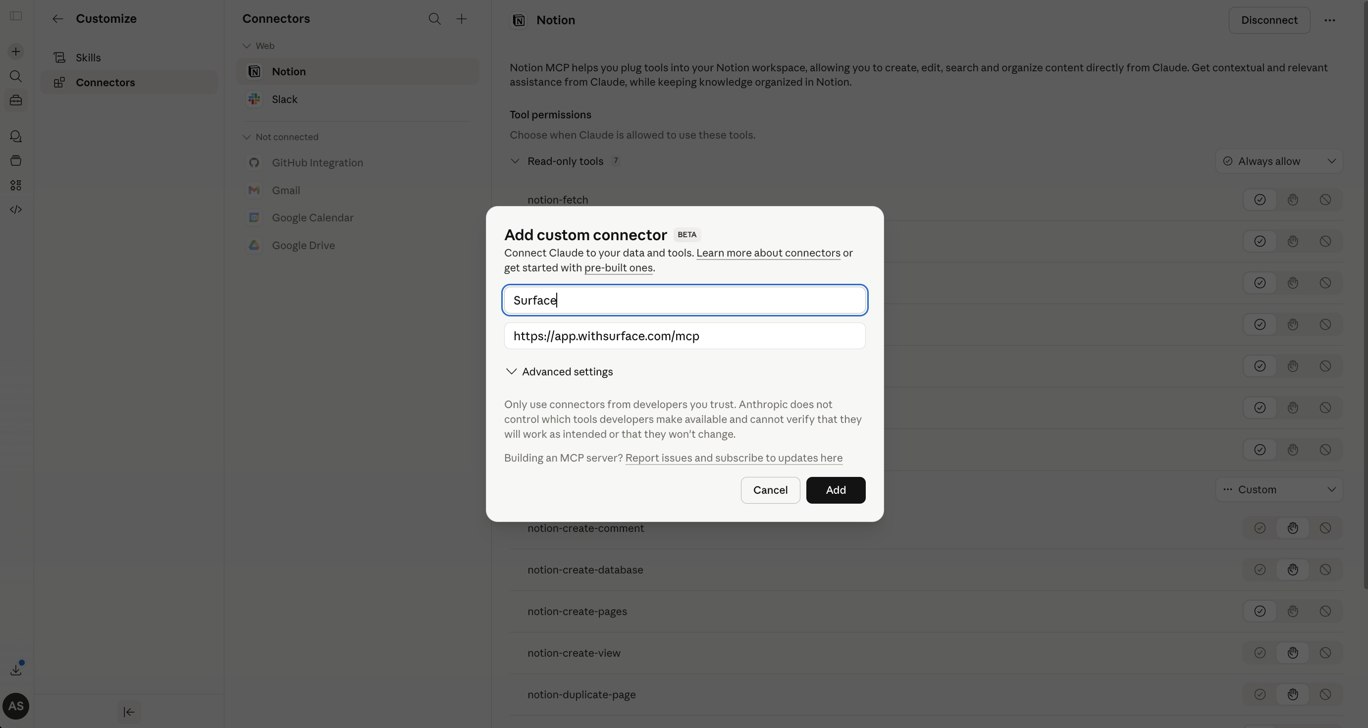 Add custom connector modal with Surface name and MCP URL filled in