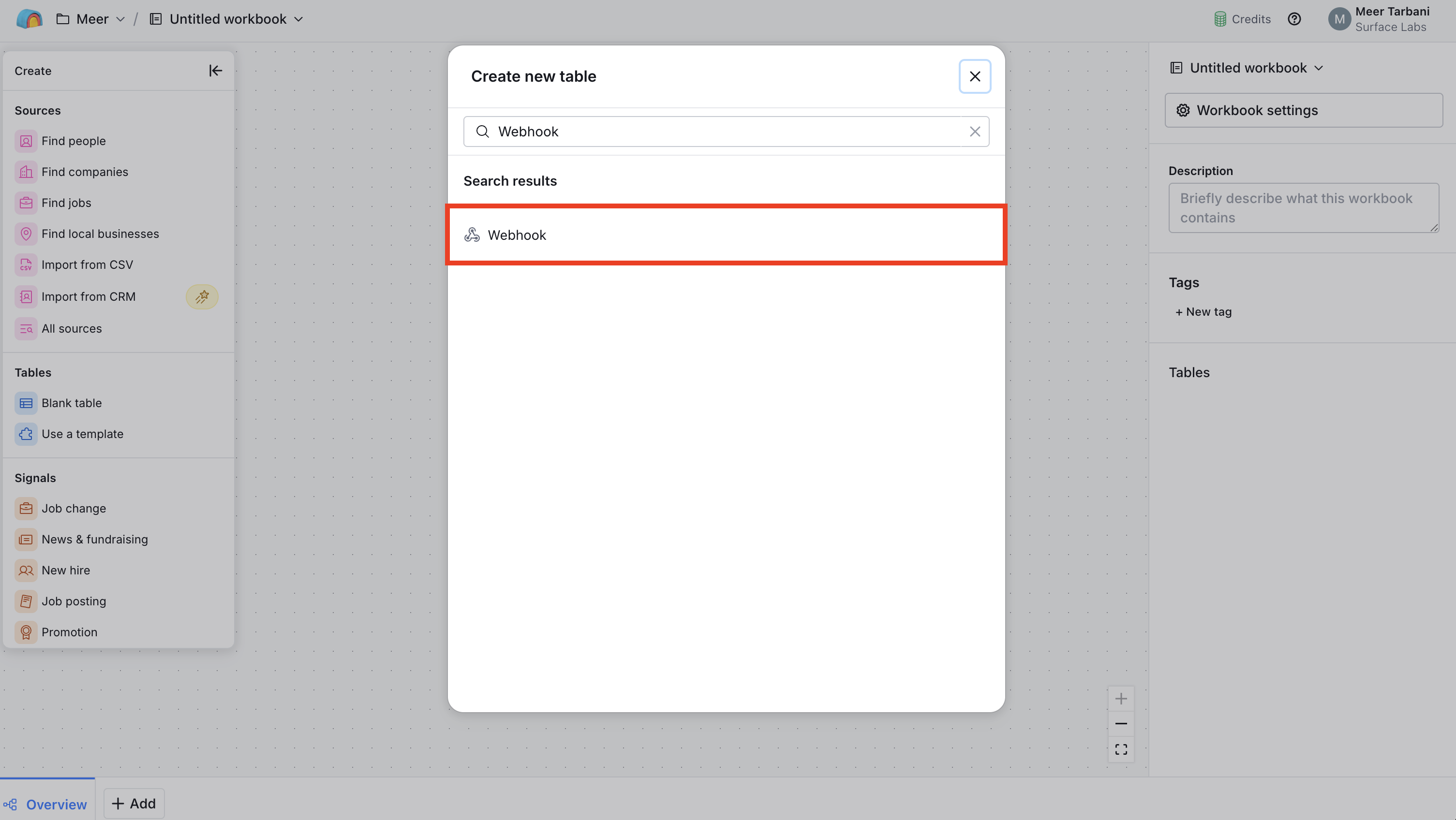 Create a new table in Clay with Webhook as source
