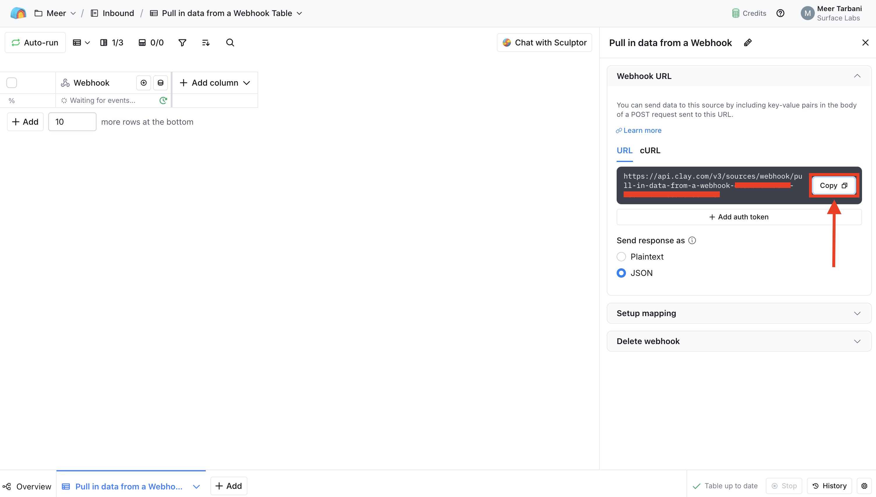 Copy Webhook URL and set response as JSON in Clay